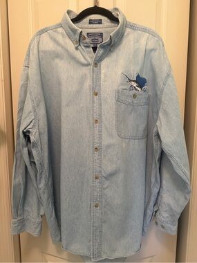Light Blue Denim Button-Down Shirt with Embroidered Marlin by All Sport